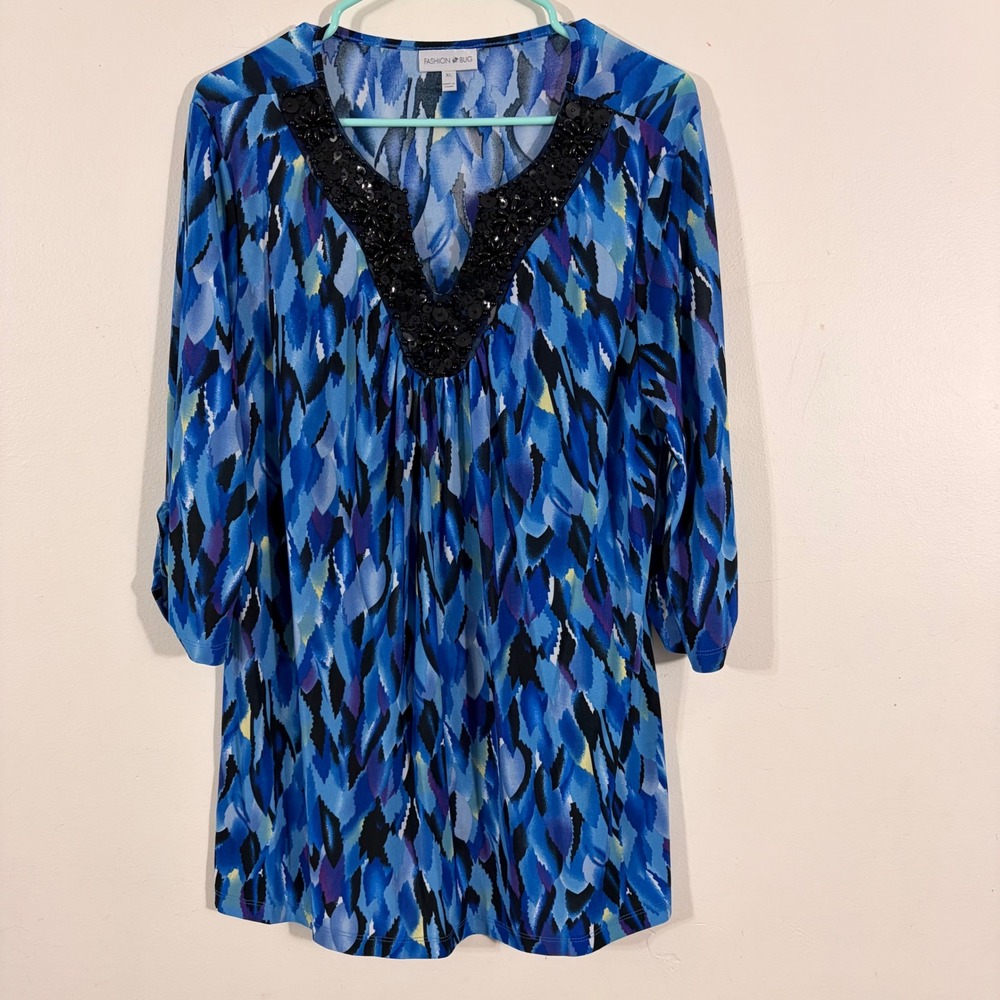 Fashion Bug Tunic Women XL Blue Abstract Sequin V-Neck 3/4 Roll-Tab Sleeve